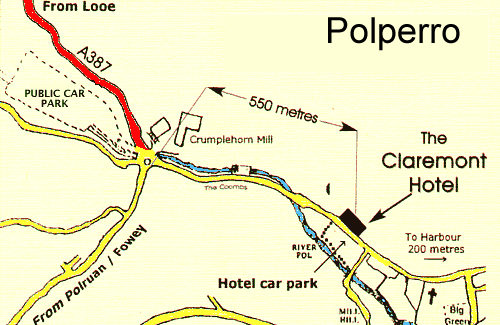 Location Map for car park of The Claremont Hotel, The Coombes, Polperro, Cornwall PL13 2RG